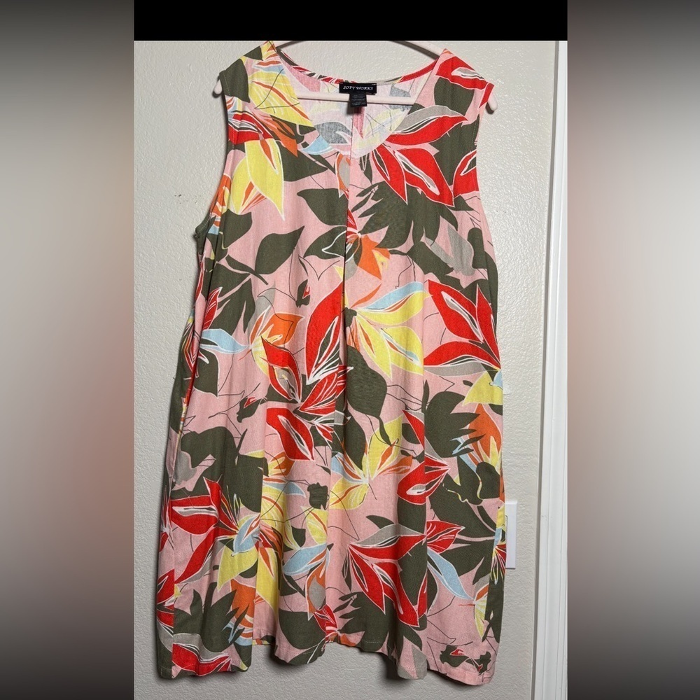 Soft Works Linen Blend Sleeveless Pink Floral,‎ Tropical Dress w Pockets. XXL